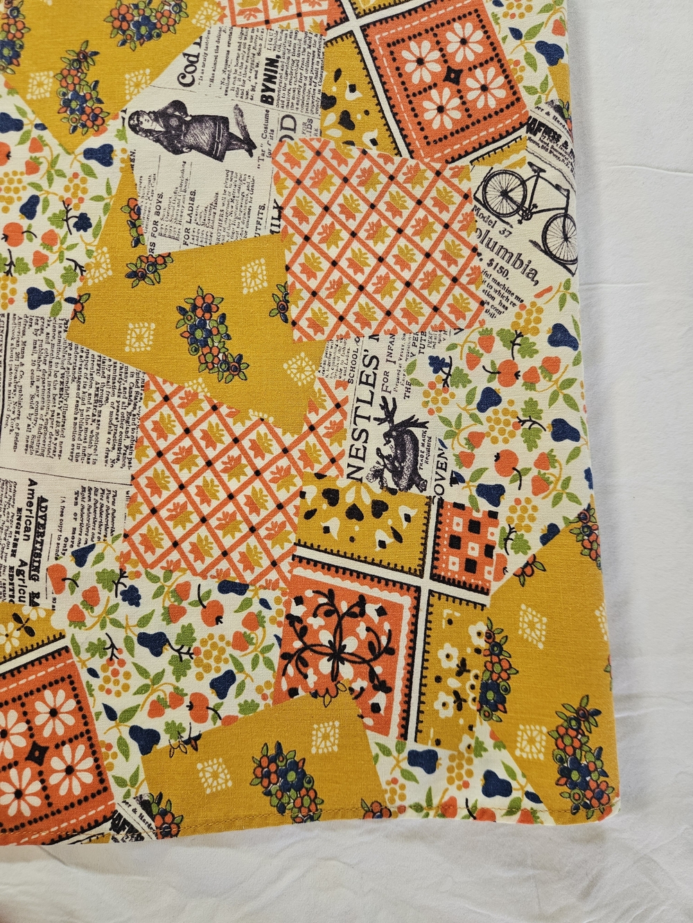 Women's 70s Patchwork Newspaper Print Tunic Top Apron Jacket in Mustard & Orange - Picture 4 of 14